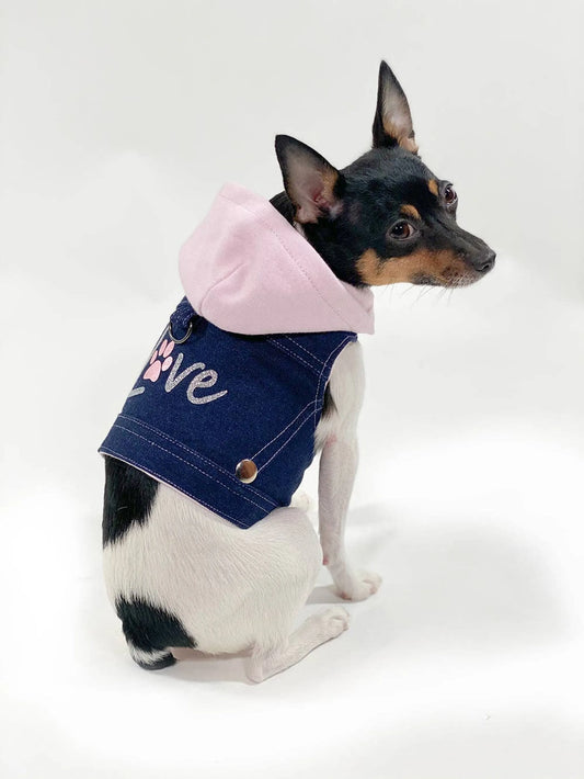 Denim Hoodie Love Harness Vest – Stylish Dog Harness & Jacket